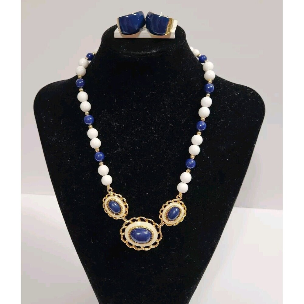 Lot Of Gold Tone Costume Jewelry Blue Stones Necklace & Pierced Earrings